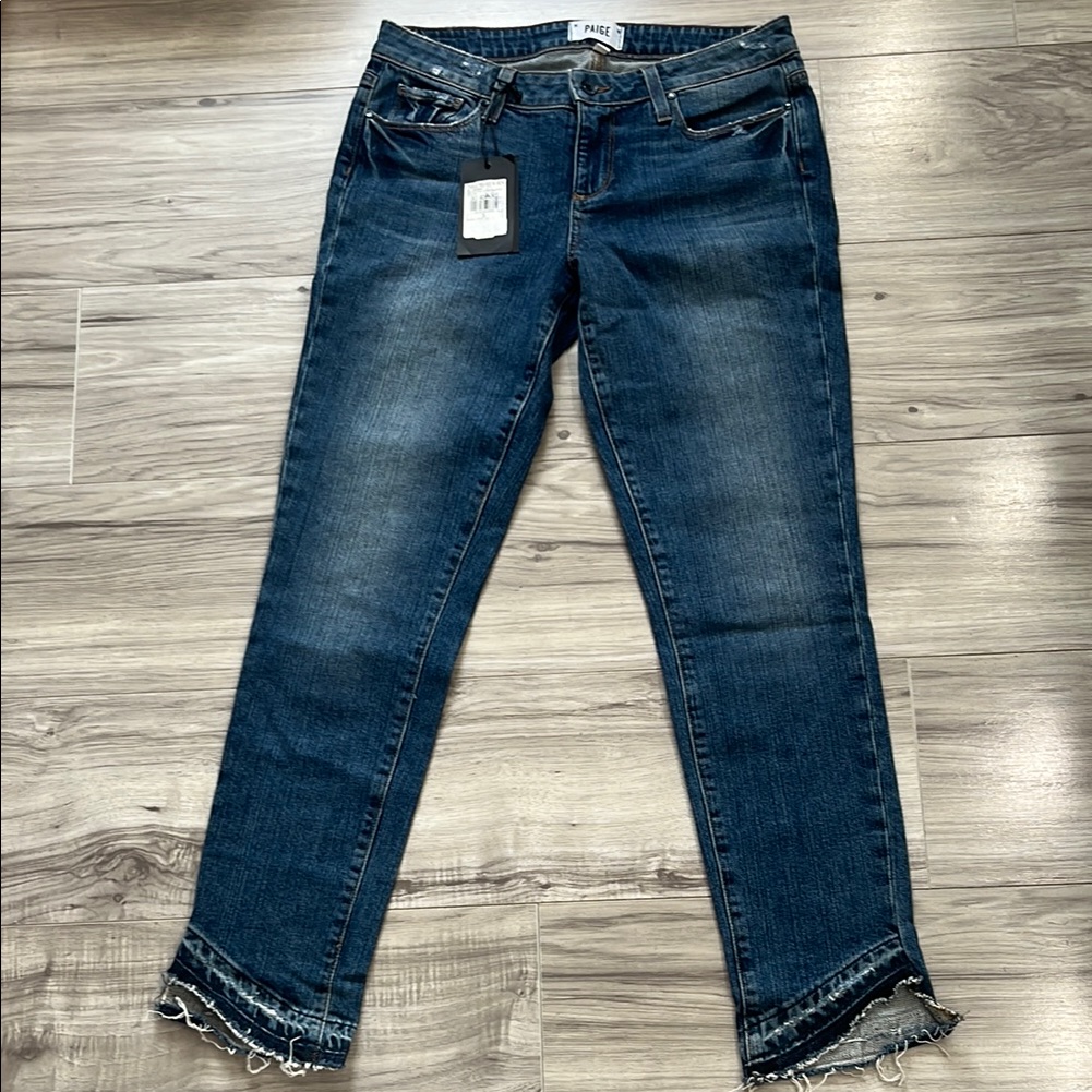 Paige Blue Ankle Cropped Jeans With Distressed Finish